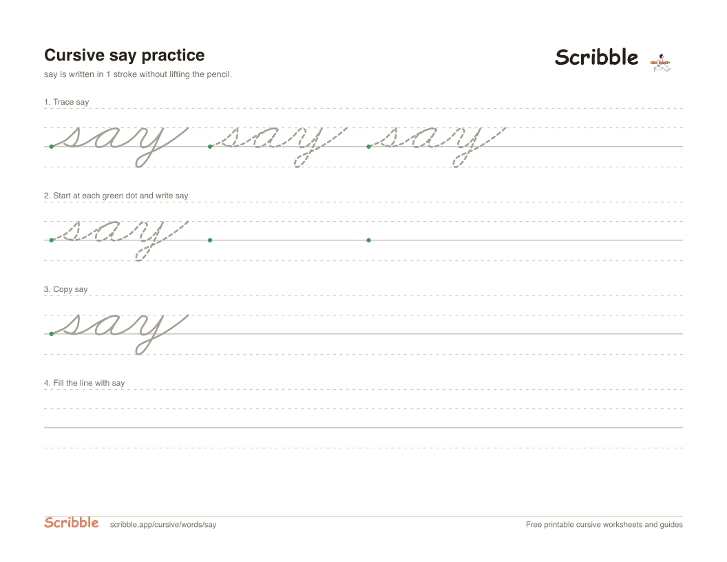 Preview of the printable say in cursive worksheet: trace, copy, and practice rows
