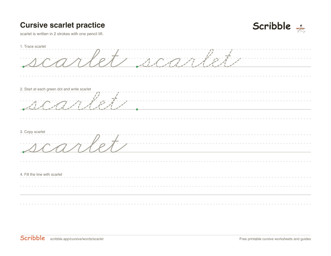 Preview of the printable scarlet in cursive worksheet: trace, copy, and practice rows