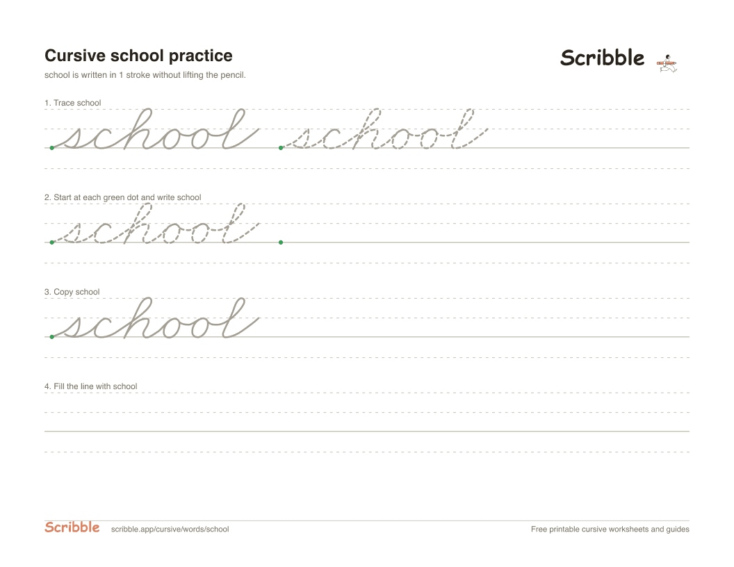 Preview of the printable school in cursive worksheet: trace, copy, and practice rows