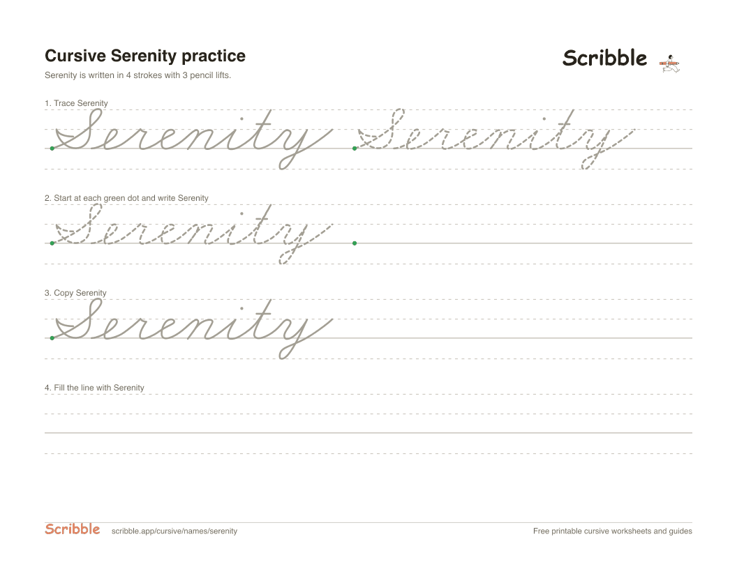 Preview of the printable Serenity in cursive worksheet: trace, copy, and practice rows