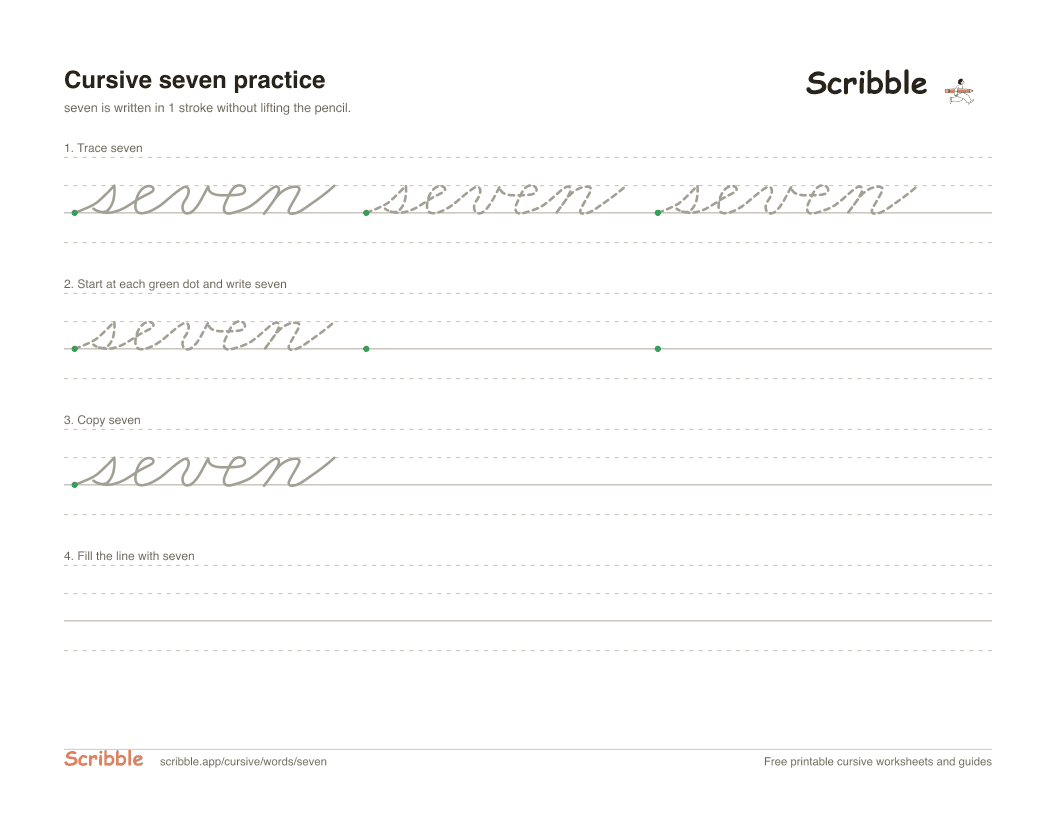Preview of the printable seven in cursive worksheet: trace, copy, and practice rows