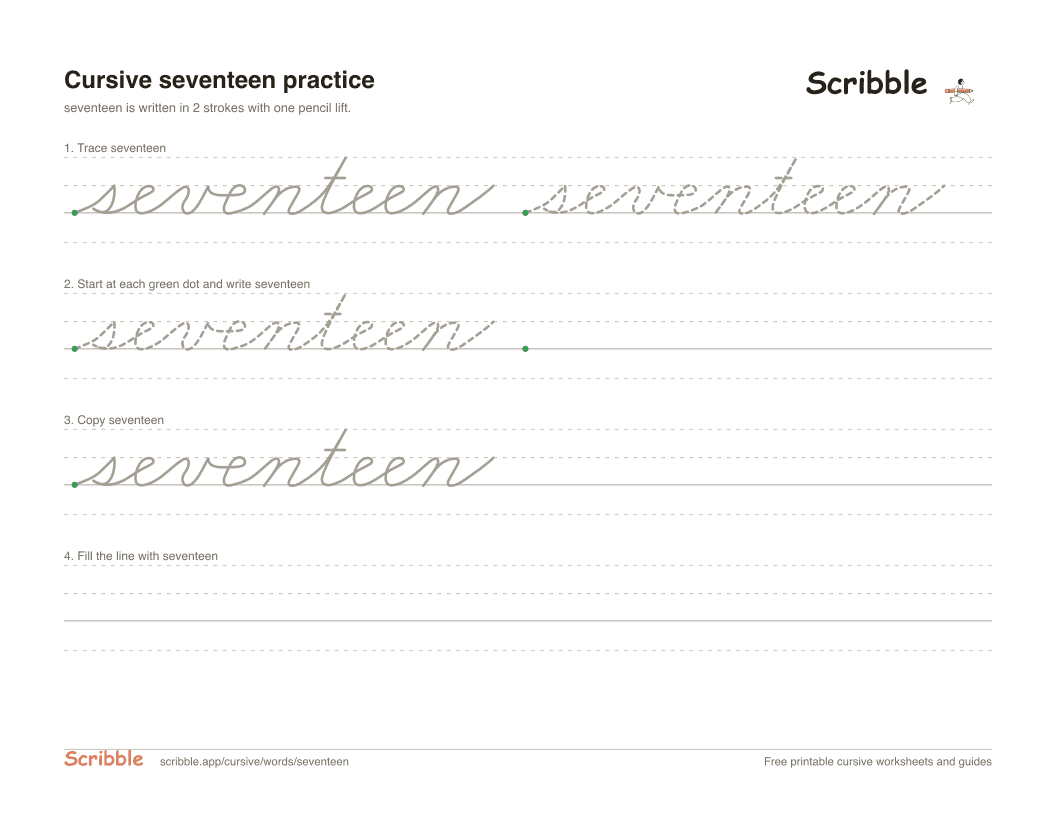 Preview of the printable seventeen in cursive worksheet: trace, copy, and practice rows