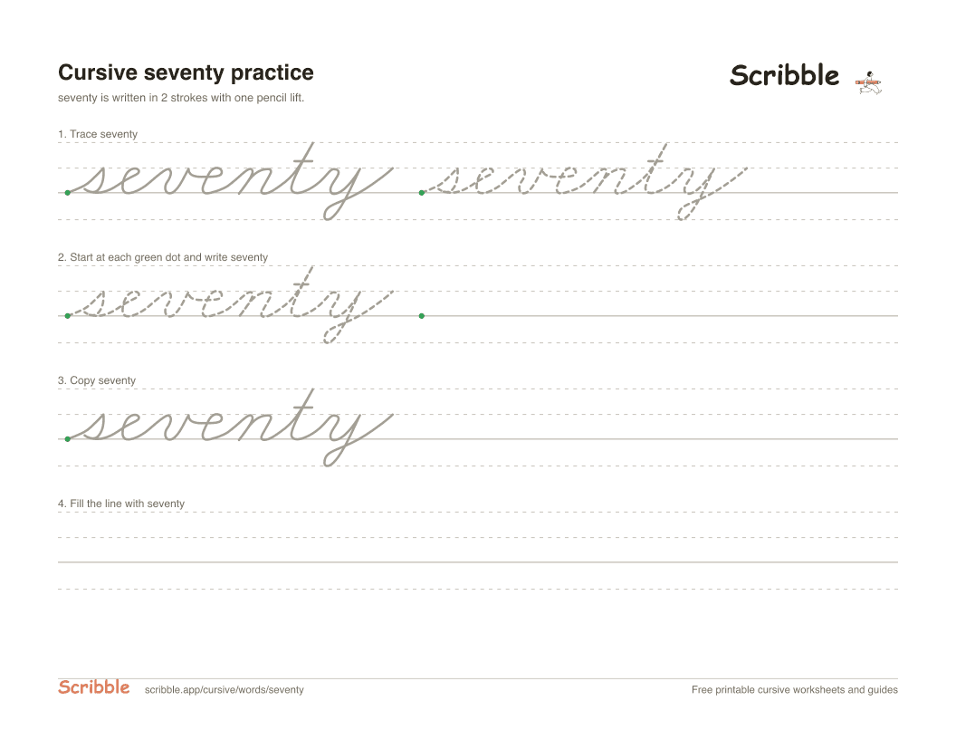 Preview of the printable seventy in cursive worksheet: trace, copy, and practice rows