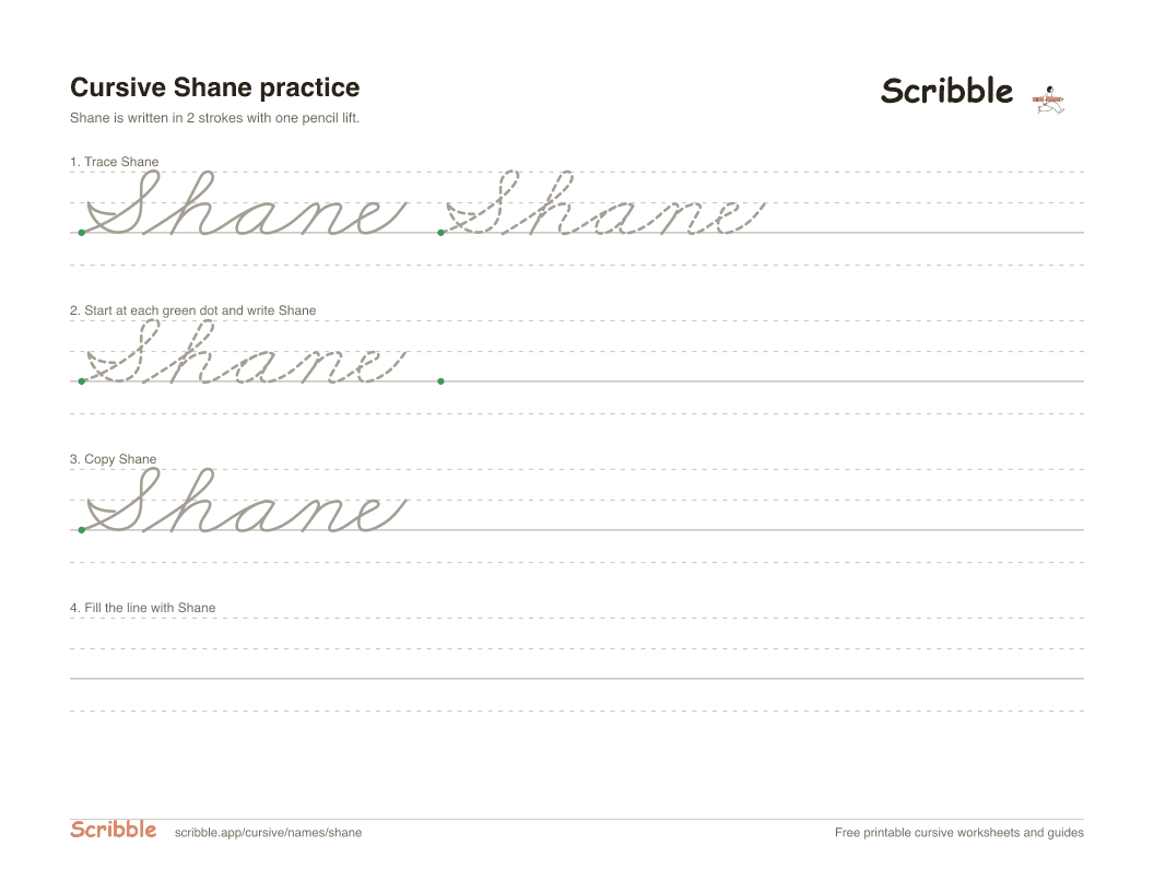 Preview of the printable Shane in cursive worksheet: trace, copy, and practice rows