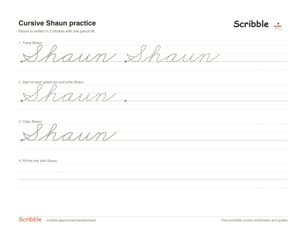 Preview of the printable Shaun in cursive worksheet: trace, copy, and practice rows