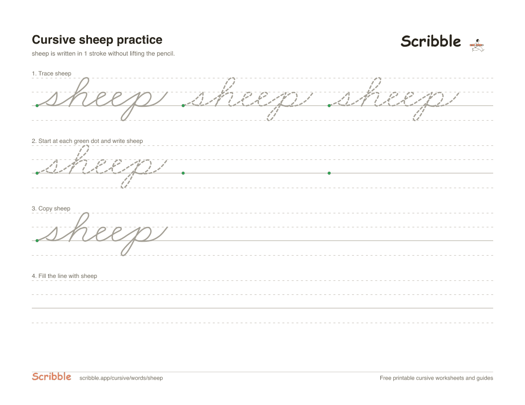 Preview of the printable sheep in cursive worksheet: trace, copy, and practice rows
