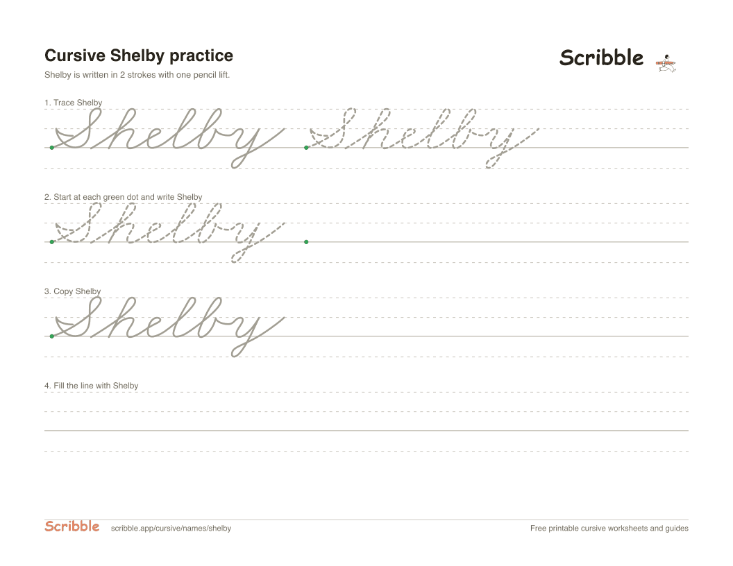 Preview of the printable Shelby in cursive worksheet: trace, copy, and practice rows