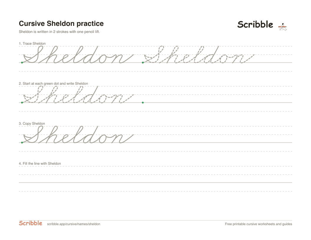 Preview of the printable Sheldon in cursive worksheet: trace, copy, and practice rows