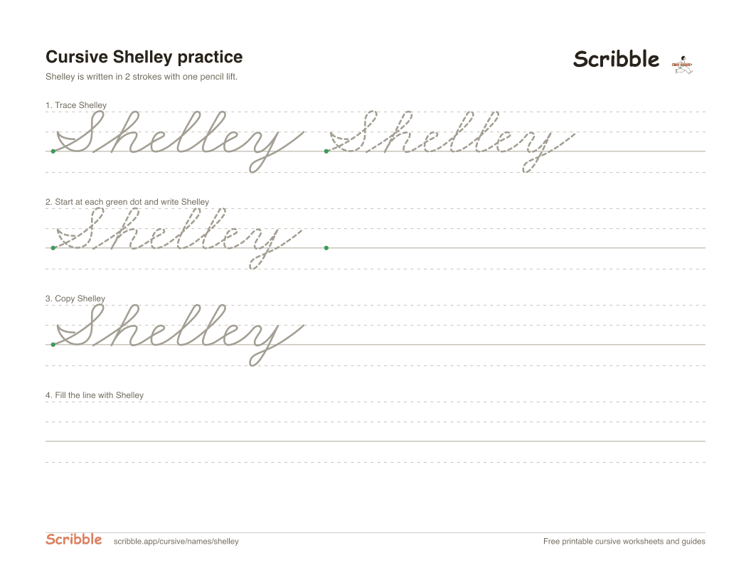 Preview of the printable Shelley in cursive worksheet: trace, copy, and practice rows