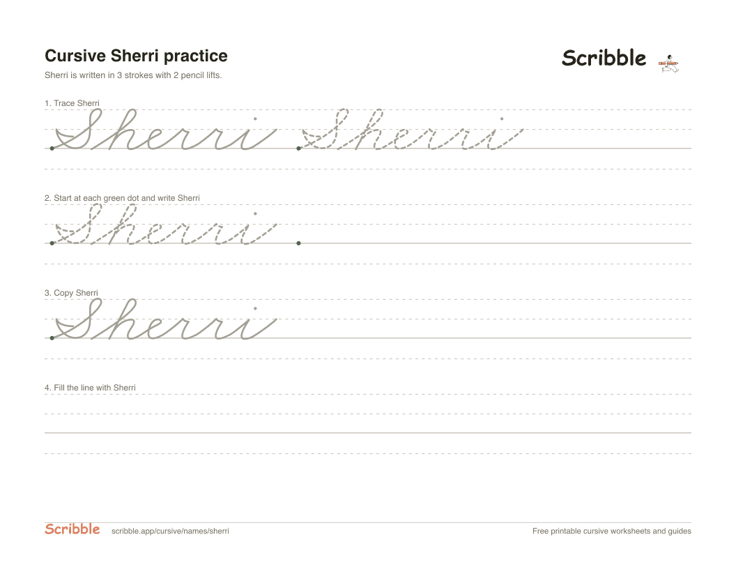 Preview of the printable Sherri in cursive worksheet: trace, copy, and practice rows