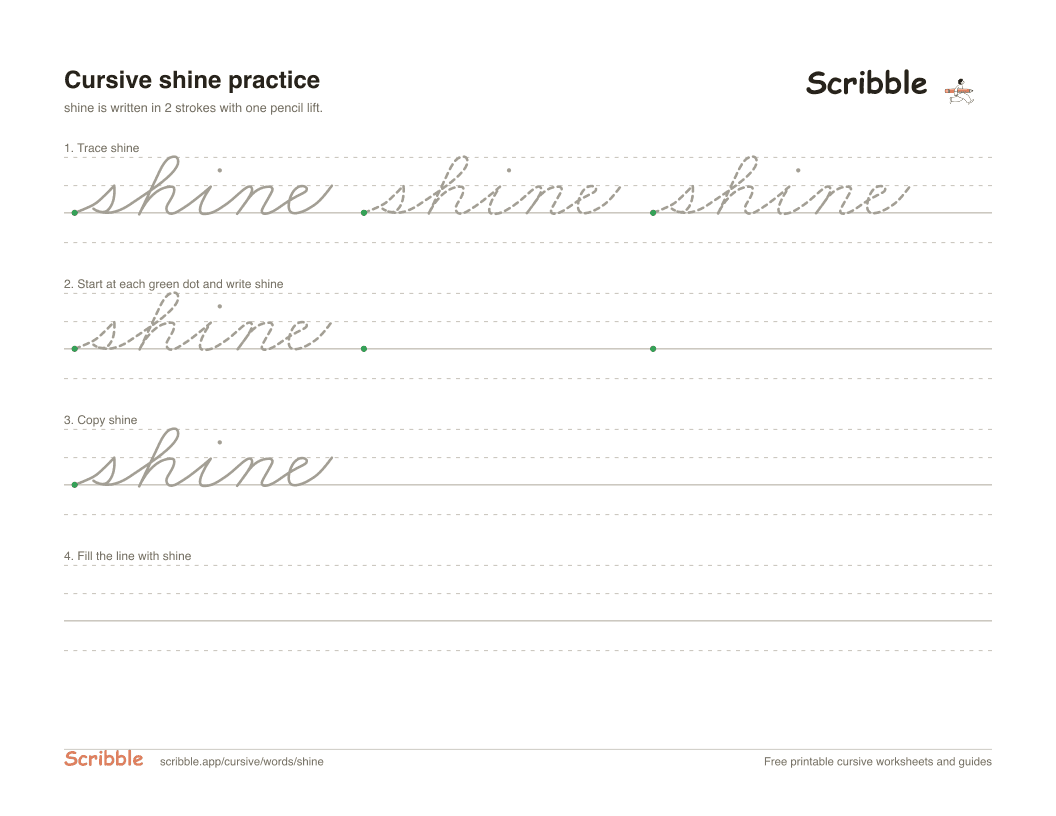 Preview of the printable shine in cursive worksheet: trace, copy, and practice rows