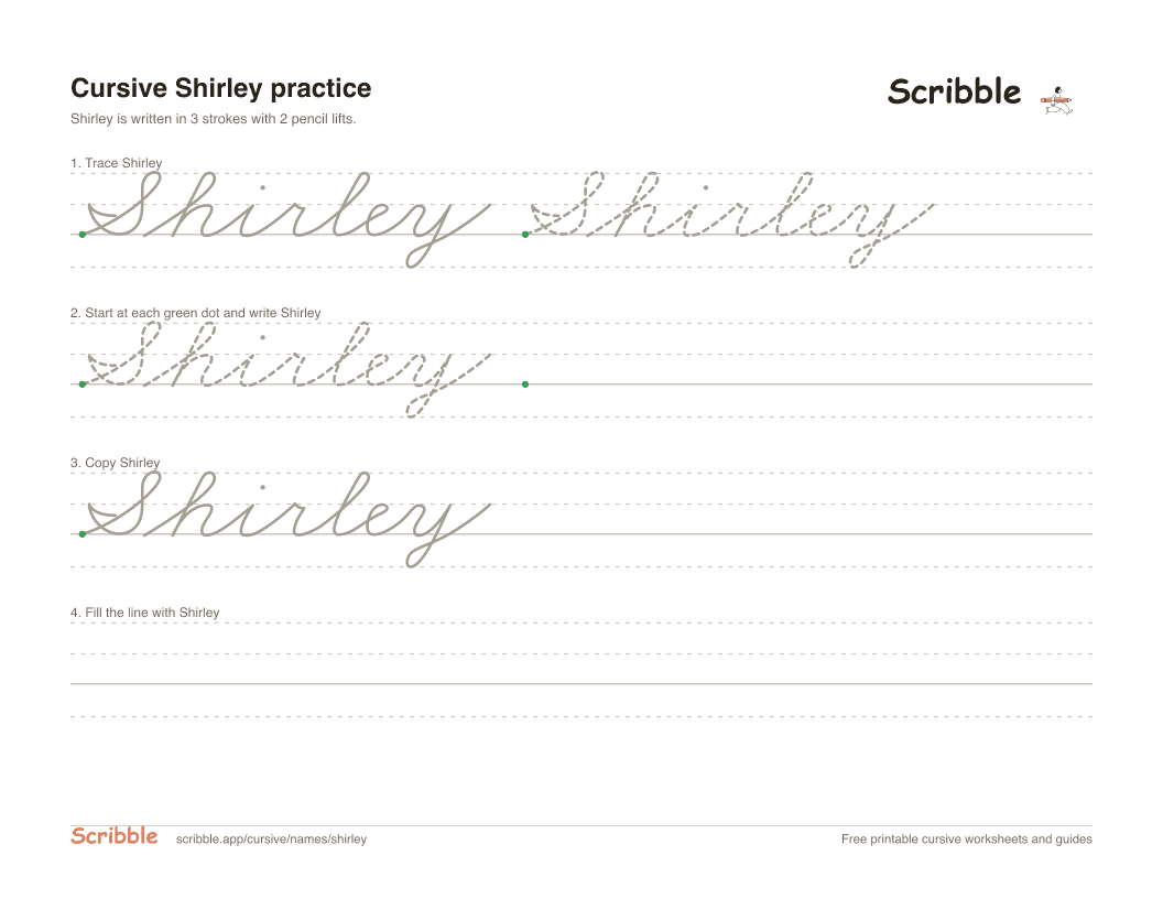 Preview of the printable Shirley in cursive worksheet: trace, copy, and practice rows
