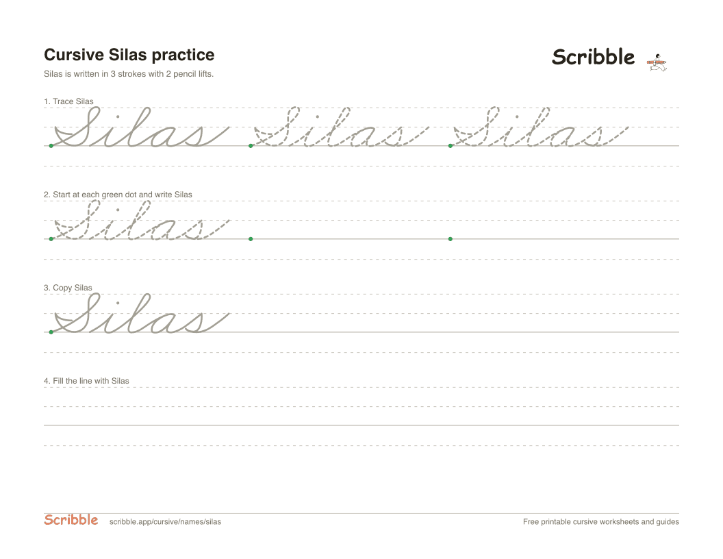 Preview of the printable Silas in cursive worksheet: trace, copy, and practice rows
