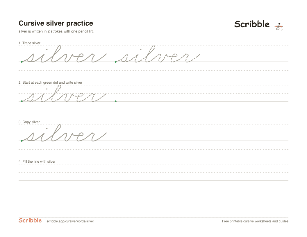 Preview of the printable silver in cursive worksheet: trace, copy, and practice rows