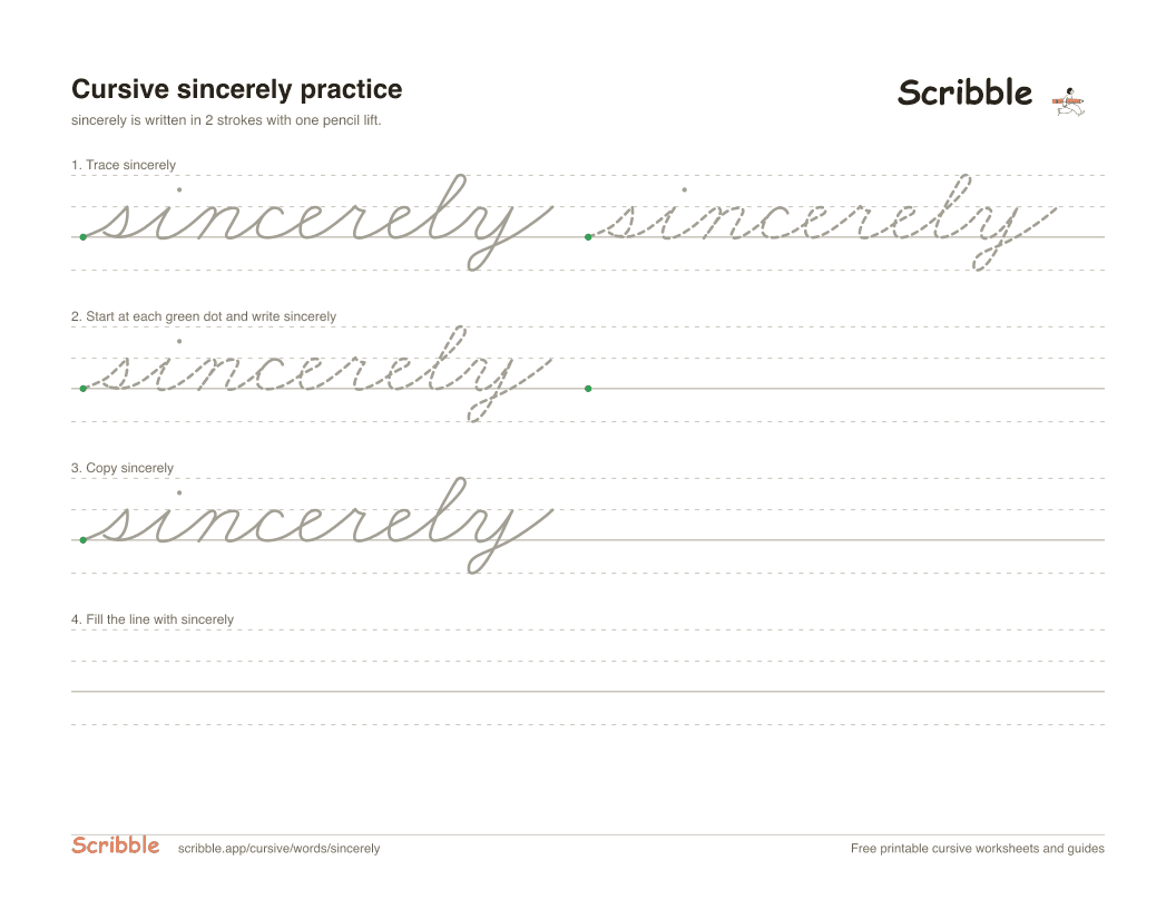 Preview of the printable sincerely in cursive worksheet: trace, copy, and practice rows