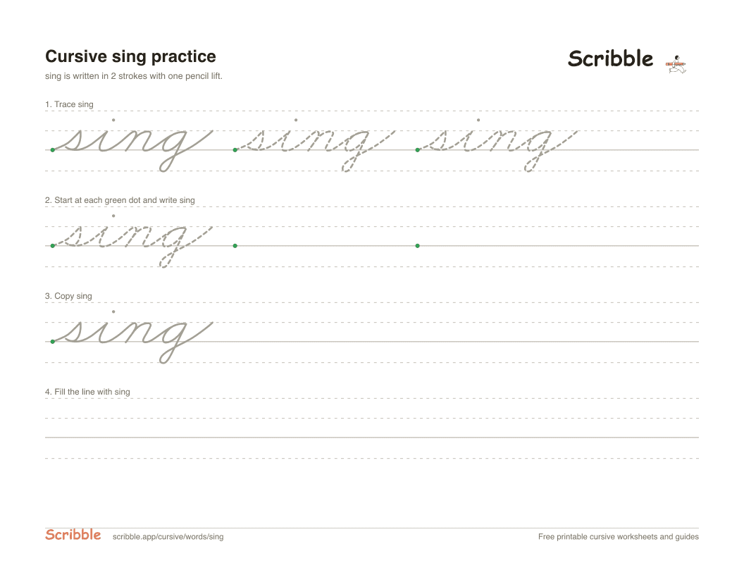 Preview of the printable sing in cursive worksheet: trace, copy, and practice rows