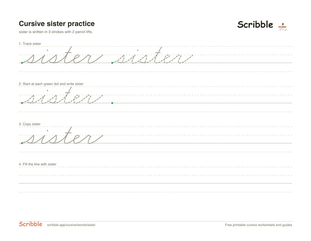 Preview of the printable sister in cursive worksheet: trace, copy, and practice rows