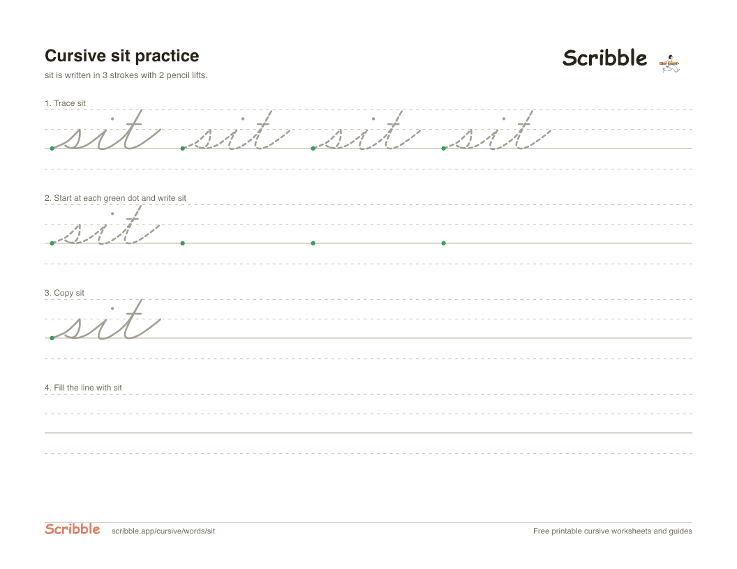 Preview of the printable sit in cursive worksheet: trace, copy, and practice rows