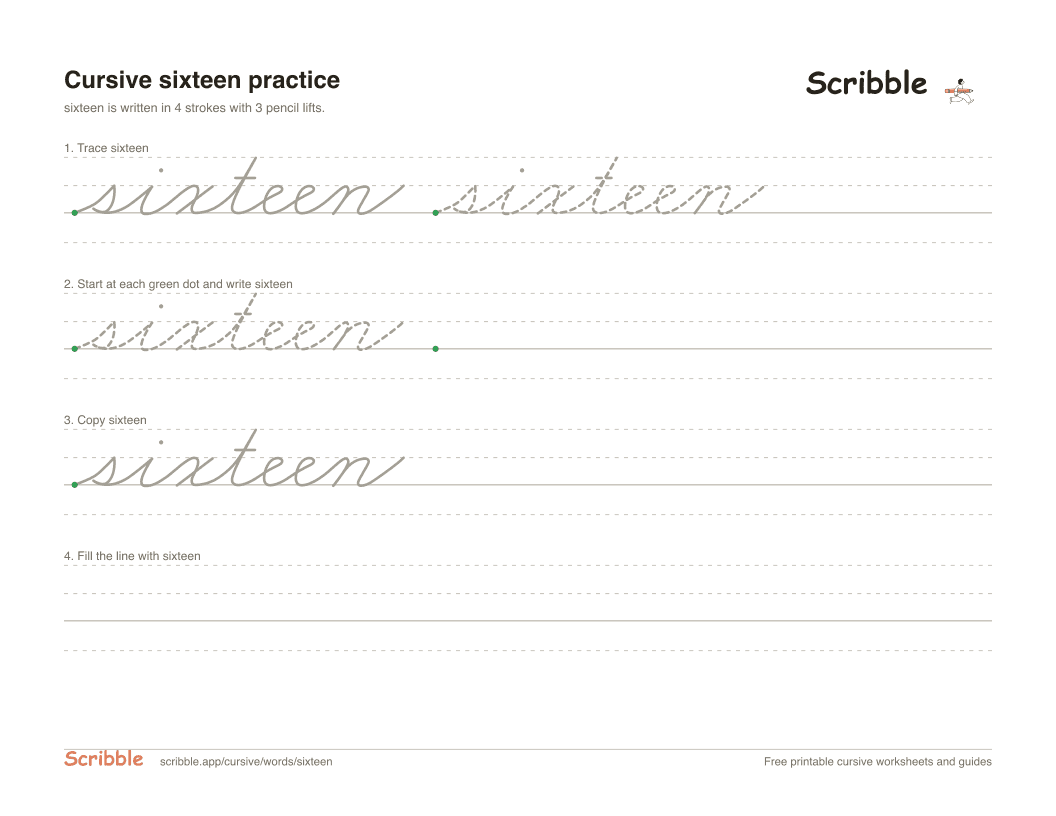 Preview of the printable sixteen in cursive worksheet: trace, copy, and practice rows