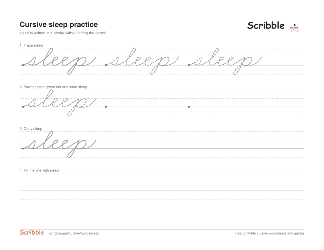 Preview of the printable sleep in cursive worksheet: trace, copy, and practice rows