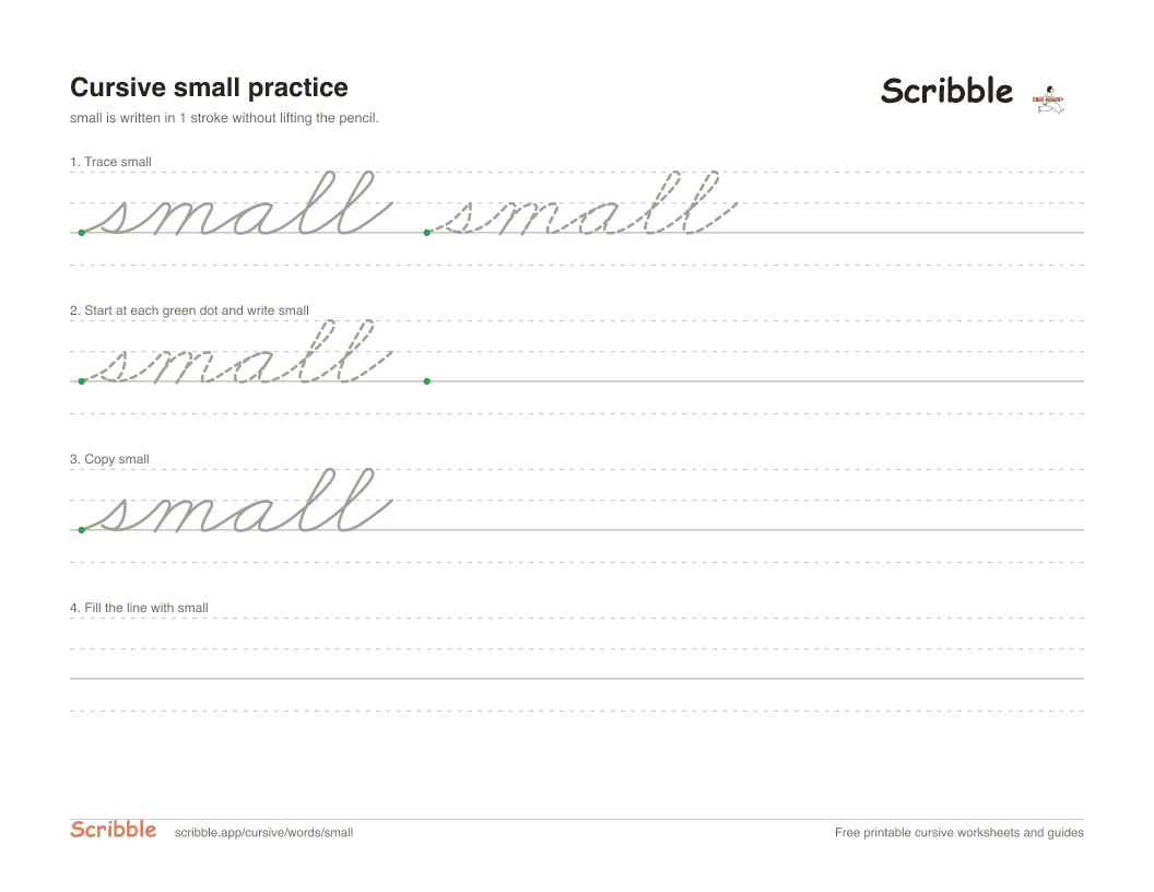 Preview of the printable small in cursive worksheet: trace, copy, and practice rows