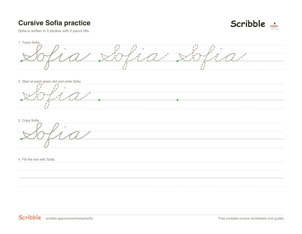 Preview of the printable Sofia in cursive worksheet: trace, copy, and practice rows