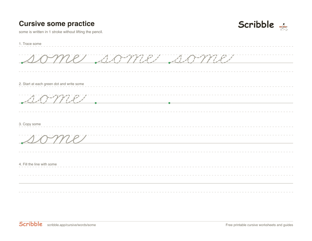 Preview of the printable some in cursive worksheet: trace, copy, and practice rows