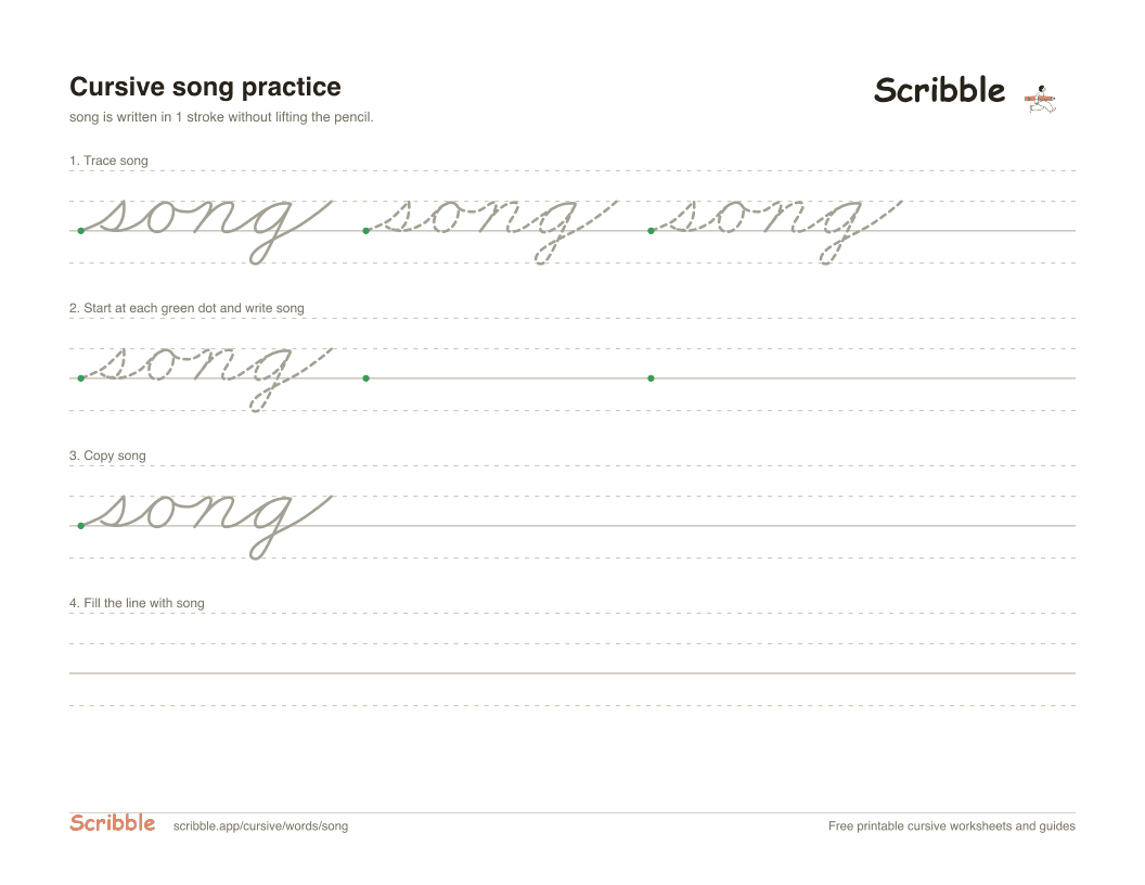 Preview of the printable song in cursive worksheet: trace, copy, and practice rows