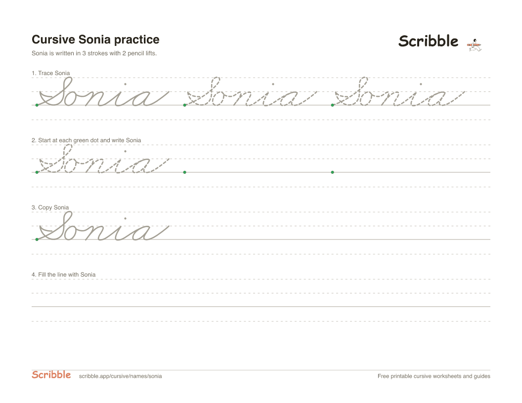 Preview of the printable Sonia in cursive worksheet: trace, copy, and practice rows