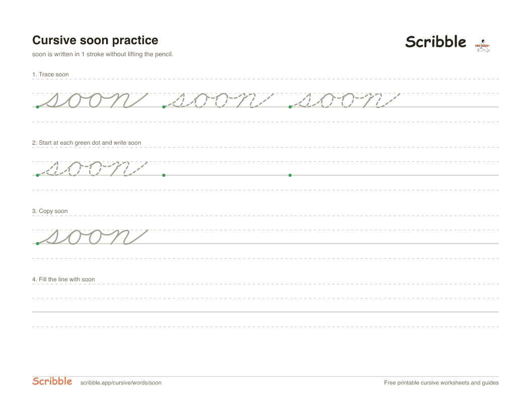 Preview of the printable soon in cursive worksheet: trace, copy, and practice rows