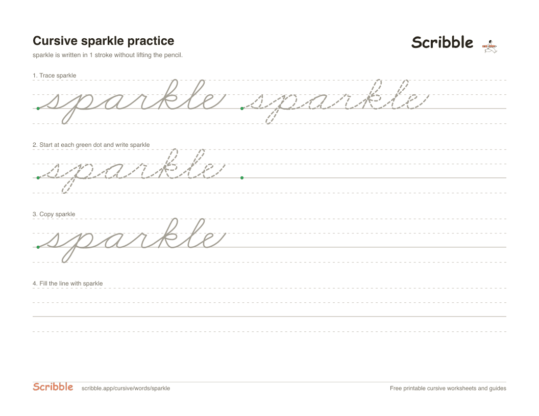 Preview of the printable sparkle in cursive worksheet: trace, copy, and practice rows
