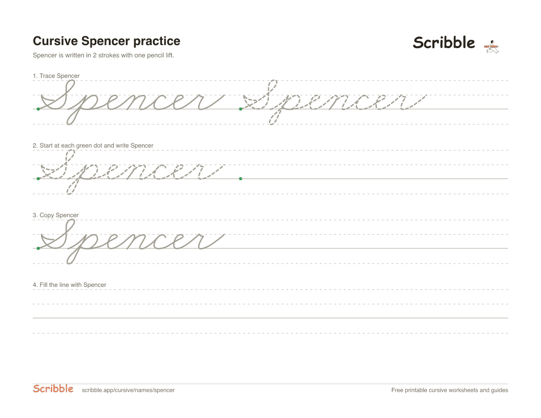 Preview of the printable Spencer in cursive worksheet: trace, copy, and practice rows