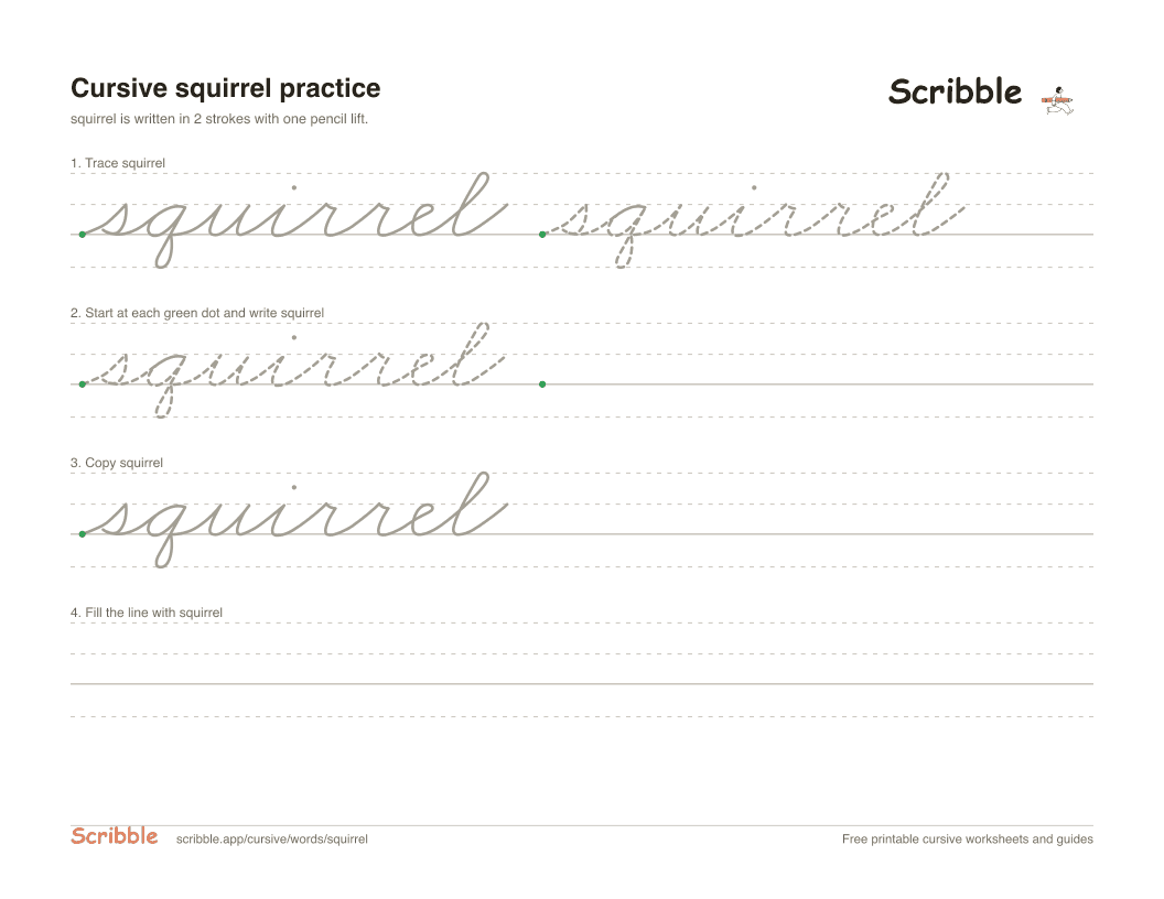 Preview of the printable squirrel in cursive worksheet: trace, copy, and practice rows
