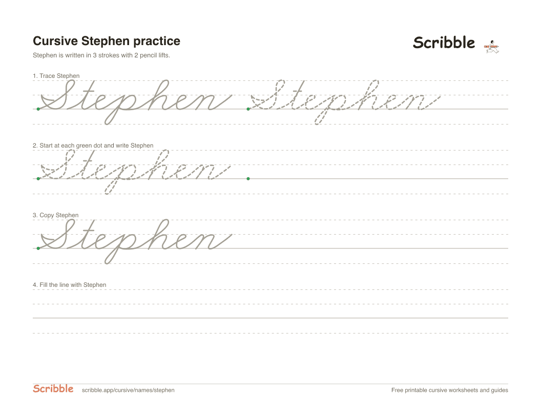 Preview of the printable Stephen in cursive worksheet: trace, copy, and practice rows