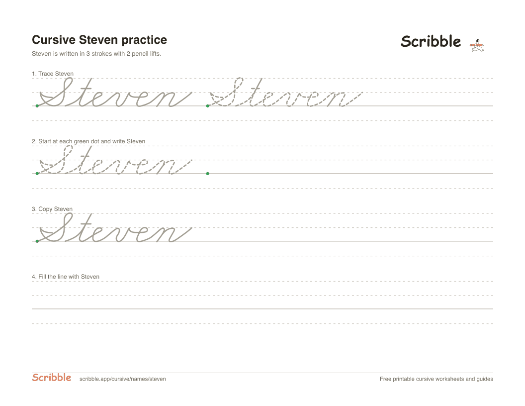 Preview of the printable Steven in cursive worksheet: trace, copy, and practice rows