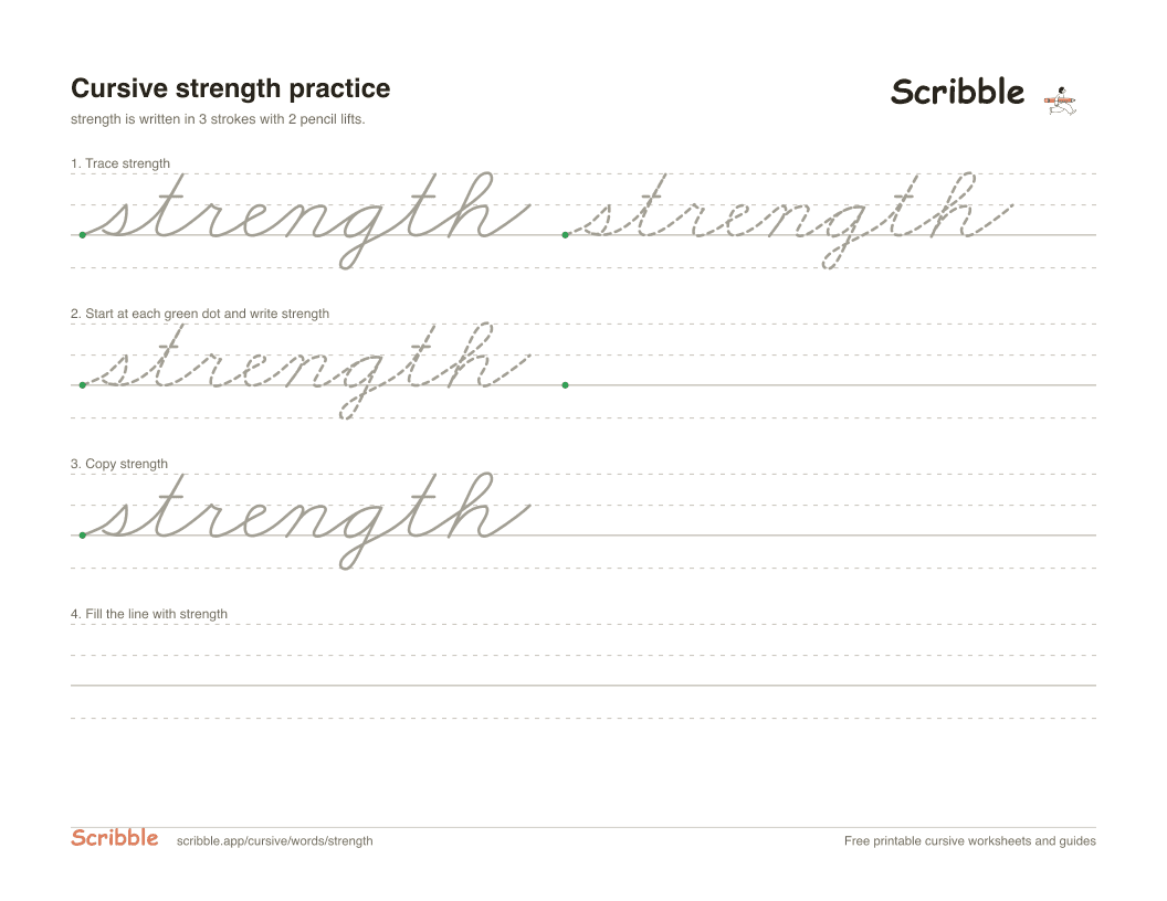 Preview of the printable strength in cursive worksheet: trace, copy, and practice rows
