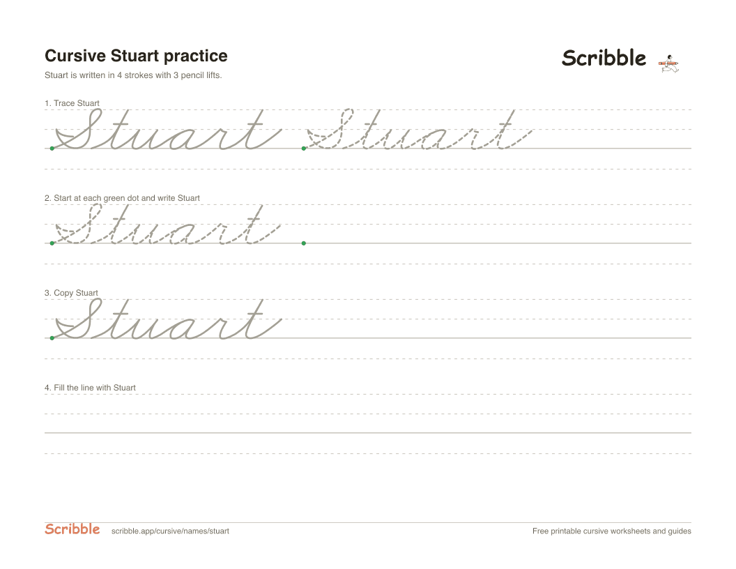 Preview of the printable Stuart in cursive worksheet: trace, copy, and practice rows