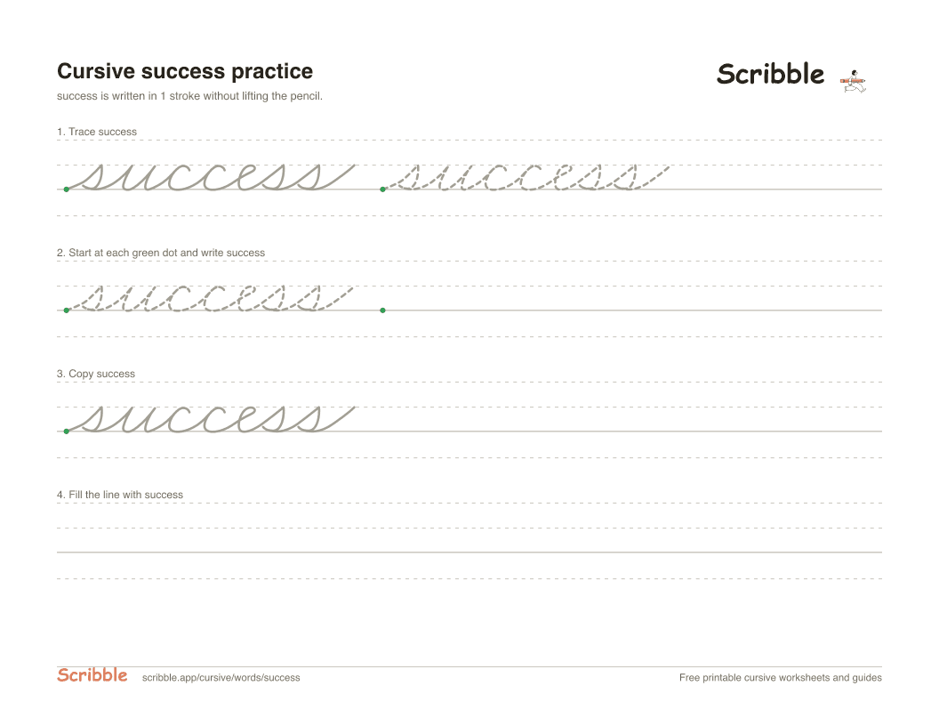 Preview of the printable success in cursive worksheet: trace, copy, and practice rows
