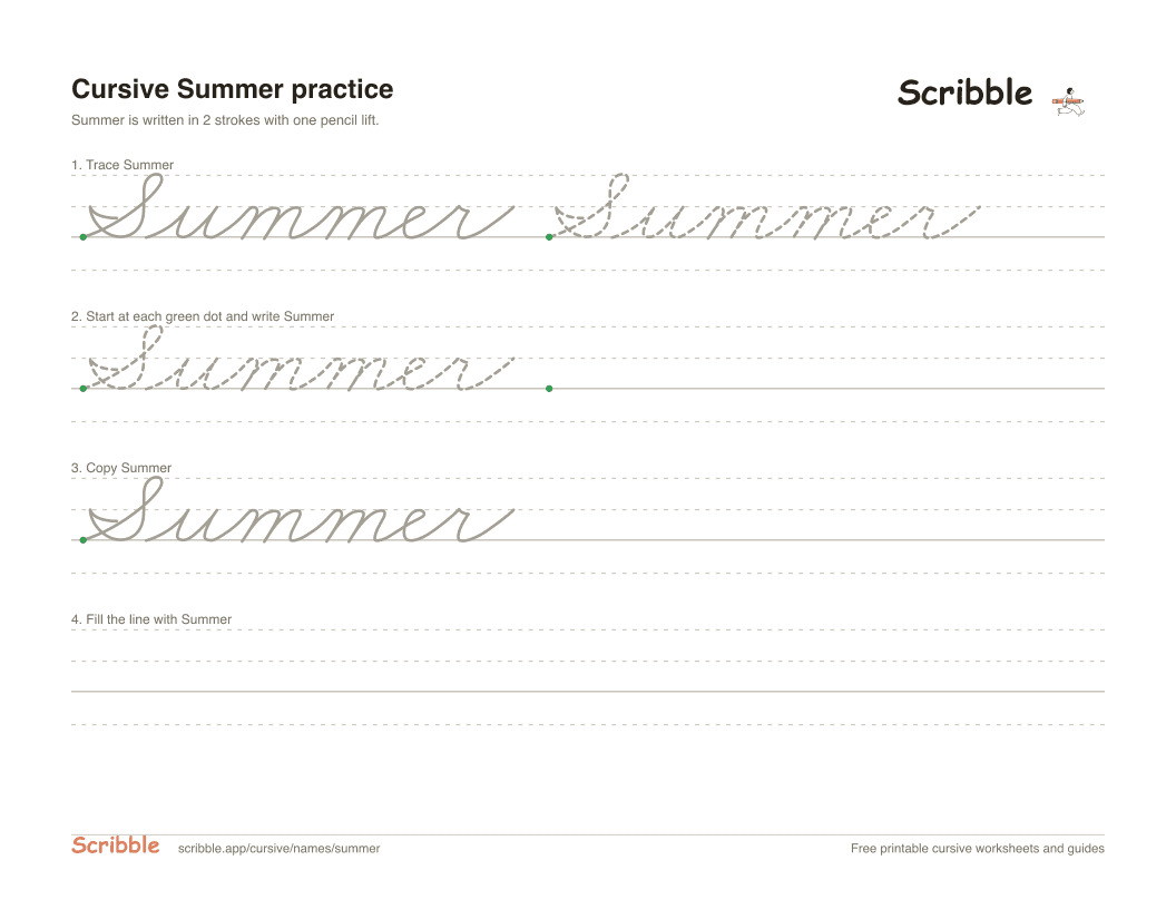 Preview of the printable Summer in cursive worksheet: trace, copy, and practice rows