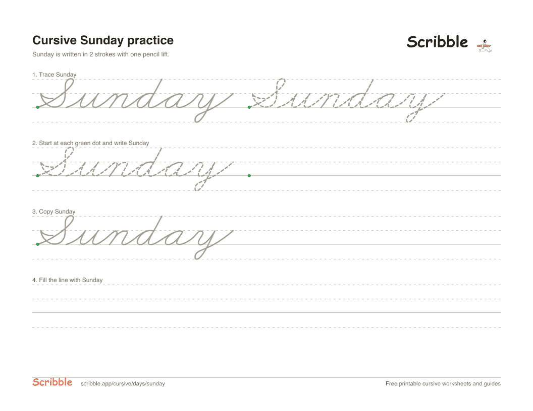 Preview of the printable Sunday in cursive worksheet: trace, copy, and practice rows