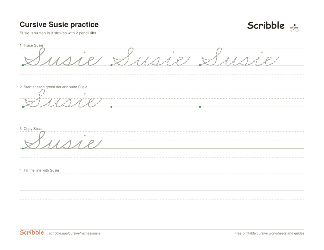Preview of the printable Susie in cursive worksheet: trace, copy, and practice rows