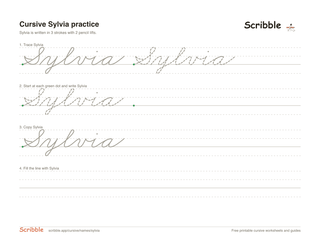 Preview of the printable Sylvia in cursive worksheet: trace, copy, and practice rows