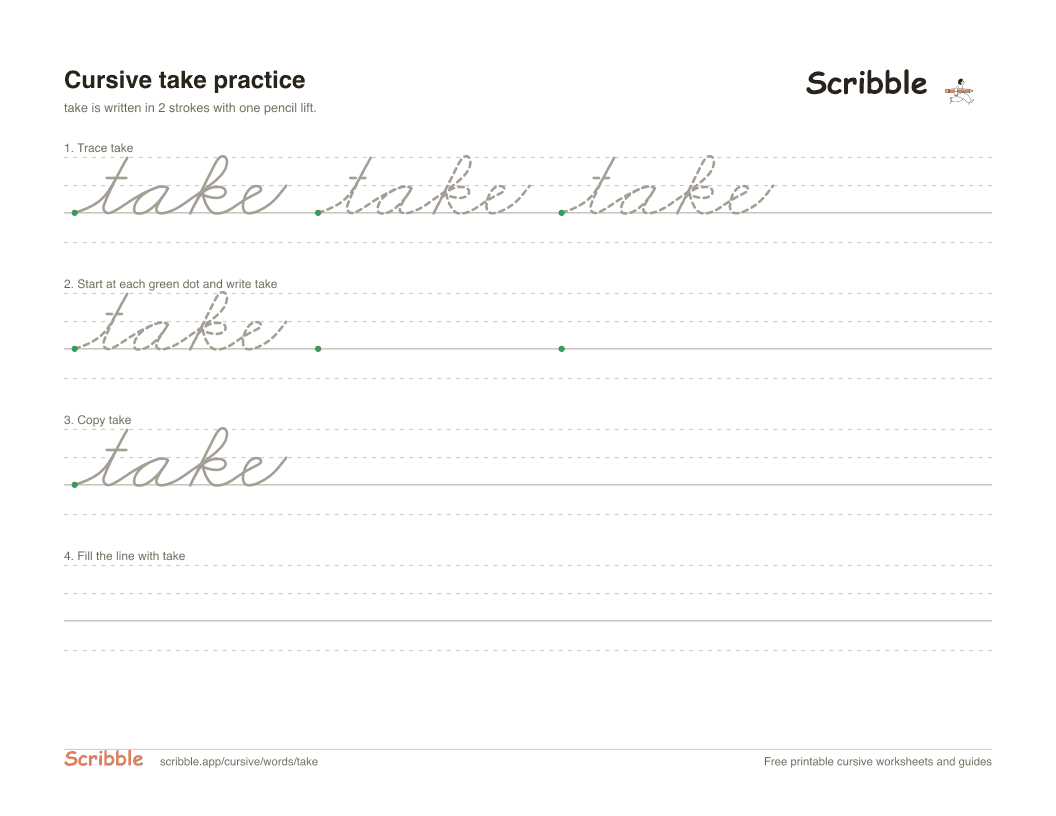 Preview of the printable take in cursive worksheet: trace, copy, and practice rows