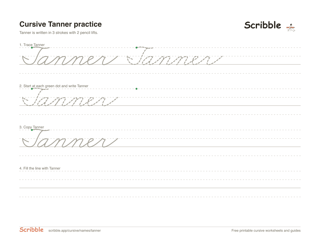Preview of the printable Tanner in cursive worksheet: trace, copy, and practice rows