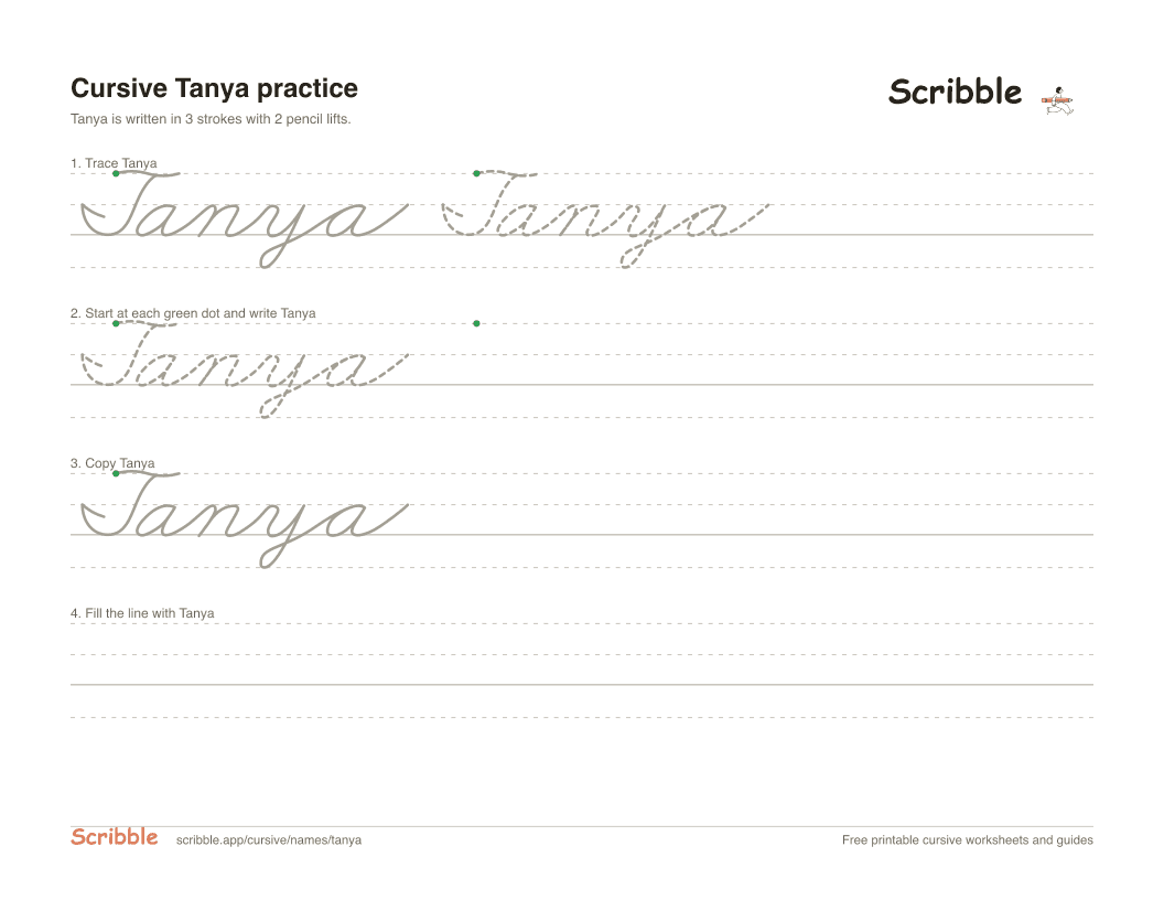 Preview of the printable Tanya in cursive worksheet: trace, copy, and practice rows