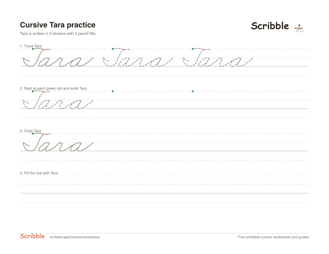 Preview of the printable Tara in cursive worksheet: trace, copy, and practice rows
