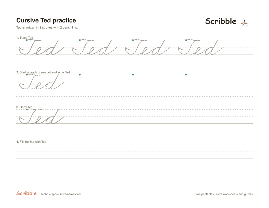 Preview of the printable Ted in cursive worksheet: trace, copy, and practice rows