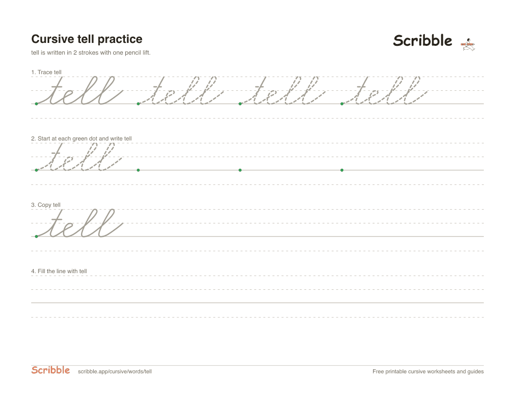 Preview of the printable tell in cursive worksheet: trace, copy, and practice rows