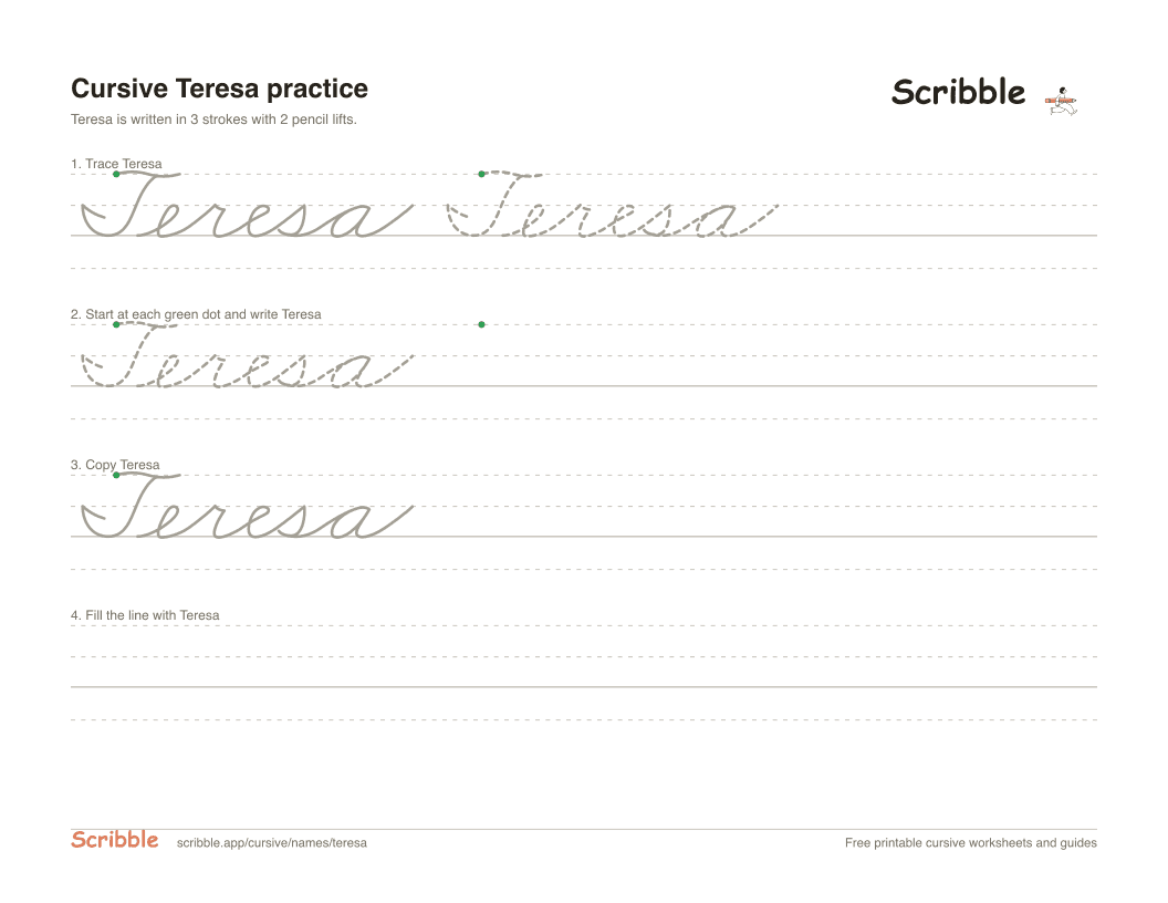 Preview of the printable Teresa in cursive worksheet: trace, copy, and practice rows