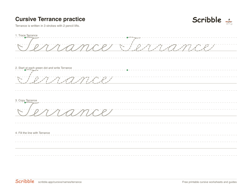 Preview of the printable Terrance in cursive worksheet: trace, copy, and practice rows